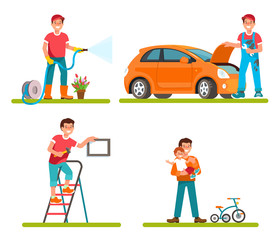 Fototapeta na wymiar Vector ilustration of father householder isolated flat style. Dad repair machine, watering plants in garden, makes repairs at home, leisure time with child.