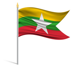 The national flag of Myanmar on a pole. The wavy fabric. The sign and symbol of the country. Realistic vector.