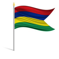 The national flag of Mauritius island on a pole. The wavy fabric. The sign and symbol of the country. Realistic vector.