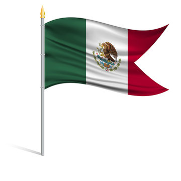 The national flag of Mexico on a pole. The wavy fabric. The sign and symbol of the country. Realistic vector.