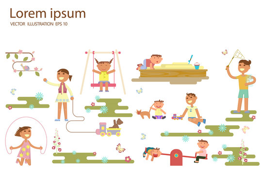 Happy childhood concept. Set of boys and girls outdoor. Children playing in the Playground, go for a drive on a swing, catching butterflies with a net, play in sand-box. Vector illustration eps 10