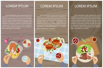 Set of Persons are eating, top view. Menu for breakfast, lunch or dinner. Vector illustration eps 10