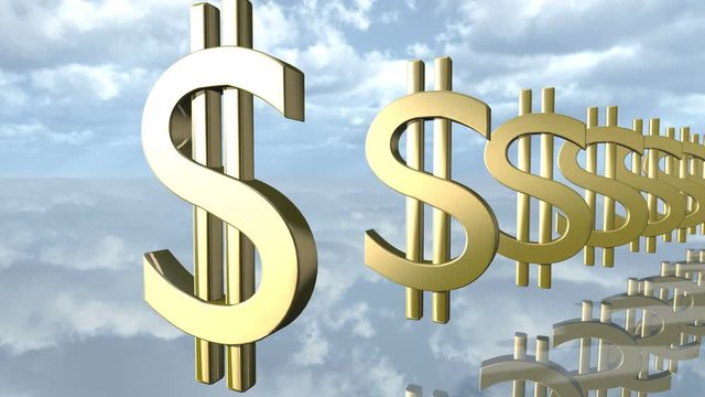 Animated golden dollar money signs in a row. 3D rendering 4K