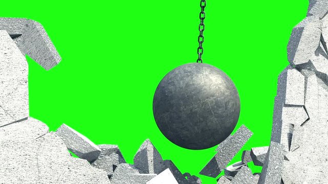 Metallic Wrecking Ball Shattering The White Wall. Green Screen.