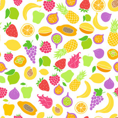 Vector pattern of colored hand drawn fruit icons. Doodle set of different cut fruits and berries. Healthy food. Exotic fruits. Collection of fruits and berries