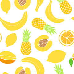 Vector pattern of colored hand drawn fruit icons. Doodle set of different cut fruits. Healthy food. Exotic fruits. 