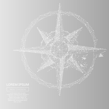 White abstract compass rose polygonal, geometry triangle. Light connection structure. Low poly vector on gray business concept background.