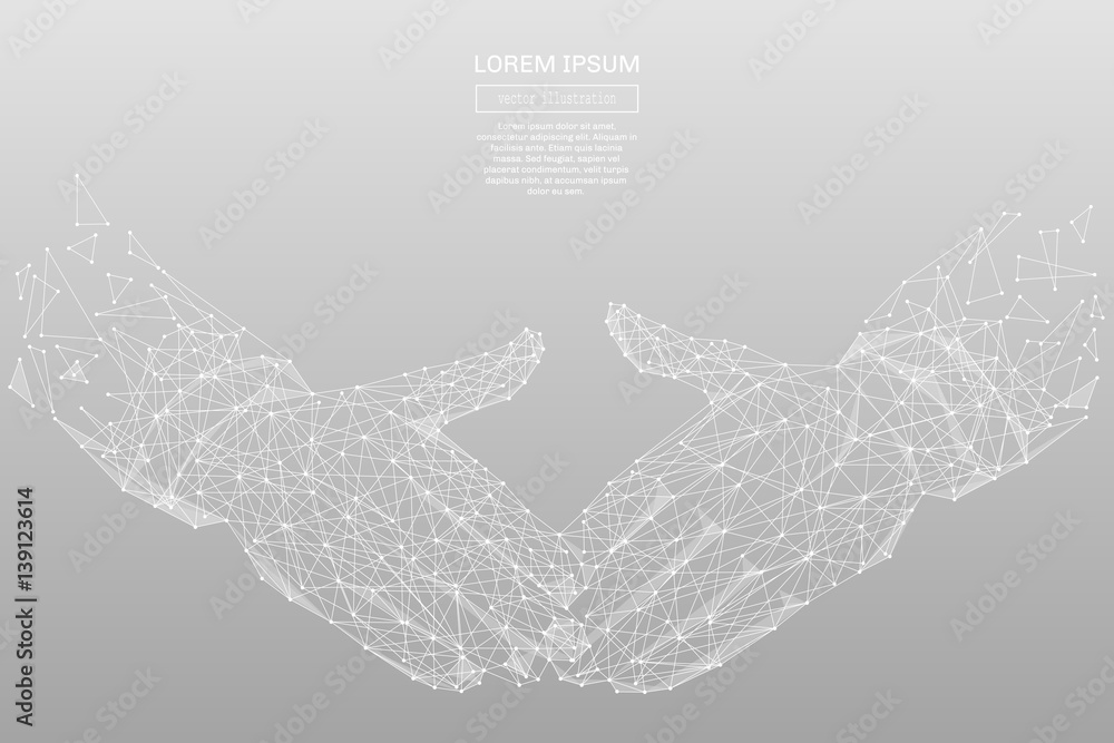 Poster White abstract handshake polygonal, geometry triangle. Light connection structure. Low poly vector on gray business concept background.