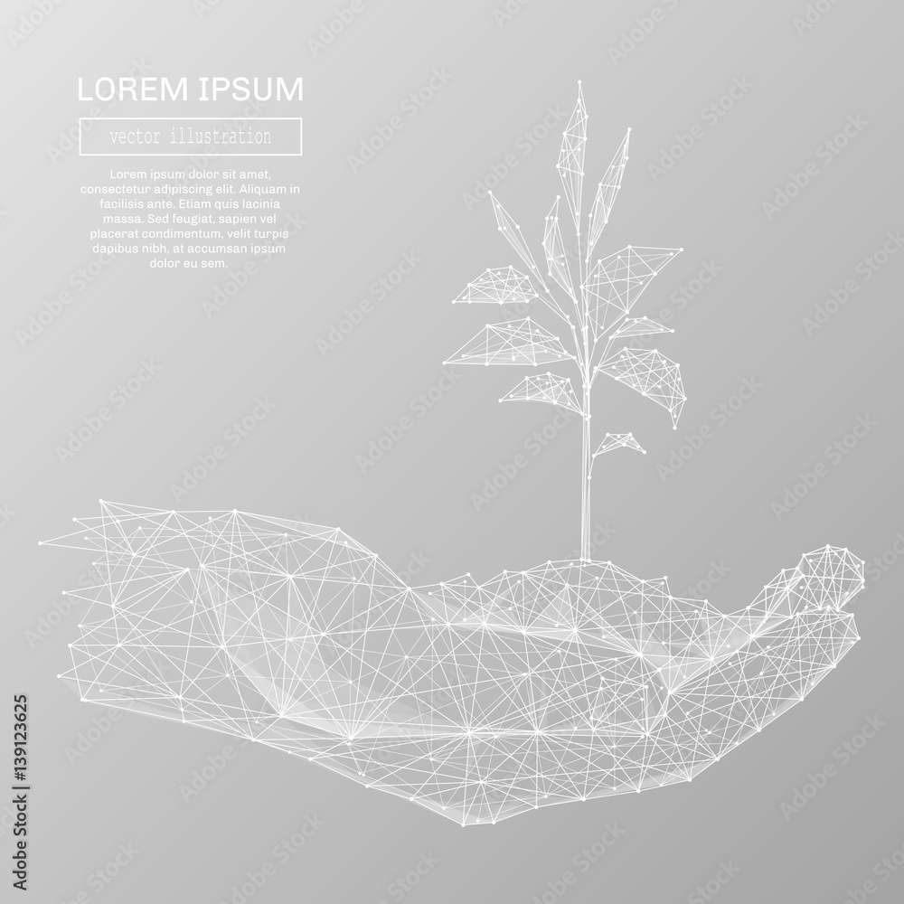 Aufkleber white abstract human hands holding sprout polygonal, geometry triangle. light connection structure. 