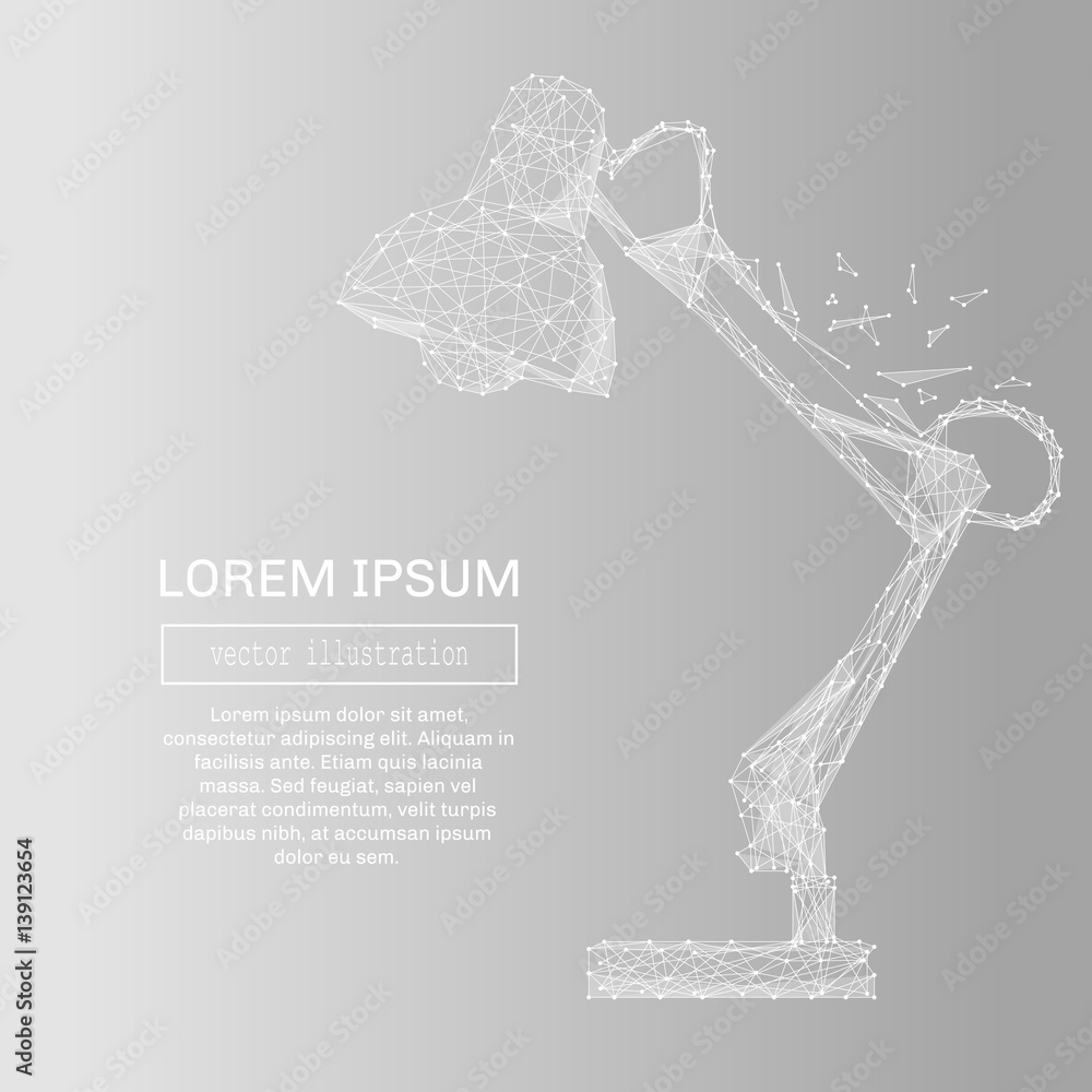 Poster White abstract lamp on desk polygonal, geometry triangle. Light connection structure. Low poly vector on gray business concept background.