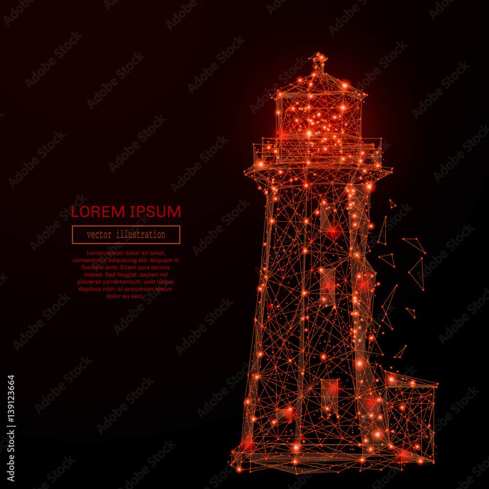Poster abstract mash line and point lighthouse on background with an inscription. starry sky or space, cons