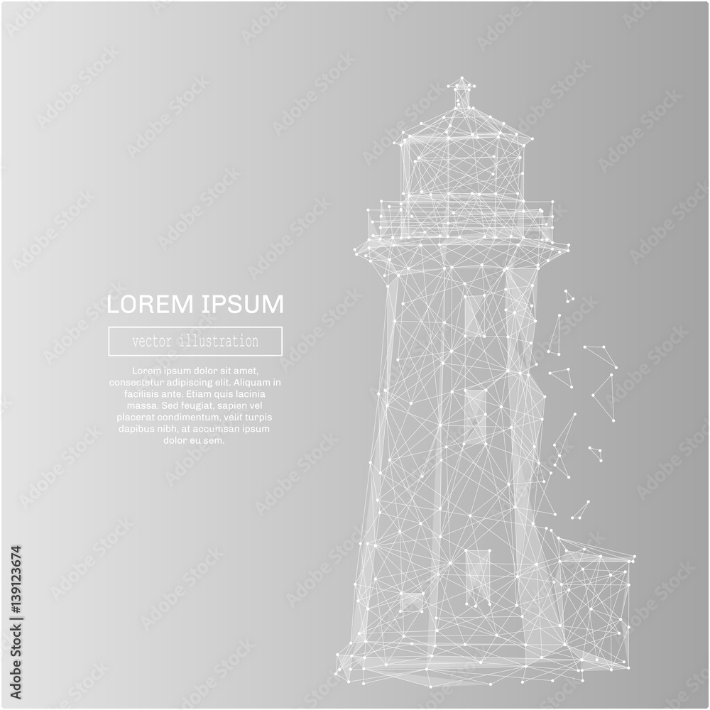 Aufkleber White abstract lighthouse polygonal, geometry triangle. Light connection structure . Low poly vector on gray business concept background.