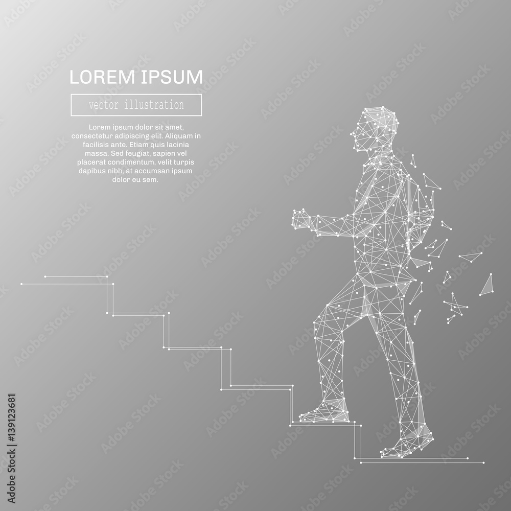 Fototapete White abstract man climb stairs polygonal, geometry triangle. Light connection structure . Low poly vector on gray business concept background.