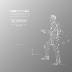 Fototapeta na wymiar White abstract man climb stairs polygonal, geometry triangle. Light connection structure . Low poly vector on gray business concept background.