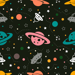 Seamless colorful space pattern from Planets, rockets and stars