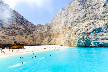 Amazing landscape of Navagio beach with shipwreck on Zakynthos island, view from the cruise ship....