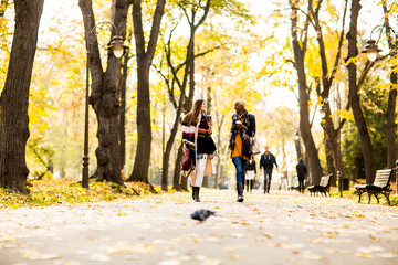 Multiracial female friends walking in teh autumn park