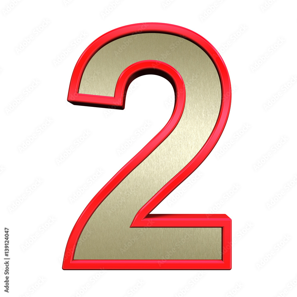 Fototapete one digit from brushed gold with red frame alphabet set, isolated on white. 3d illustration.
