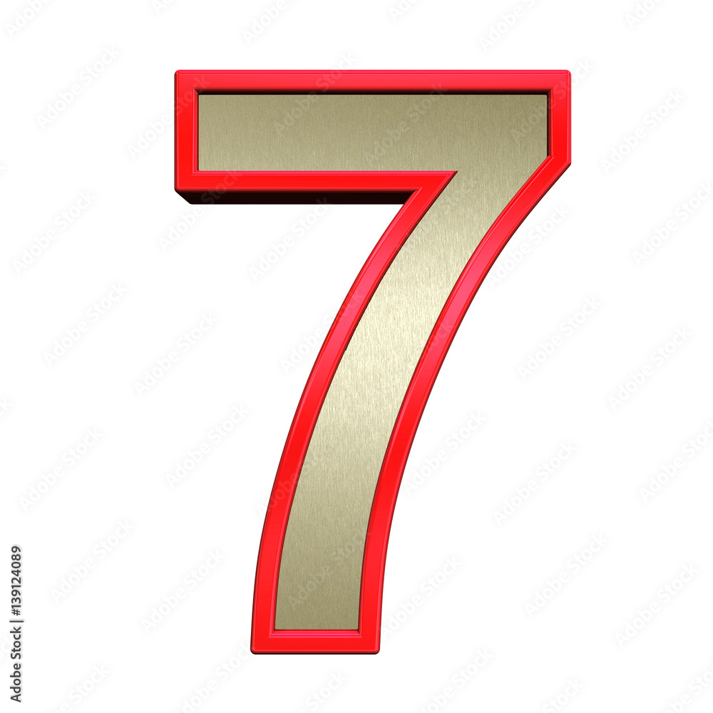 Fototapete one digit from brushed gold with red frame alphabet set, isolated on white. 3d illustration.