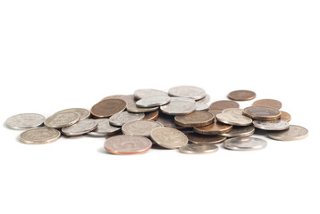 Scattered coins on white background,