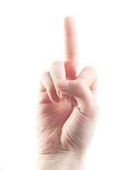 male hand showing fuck off with the middle finger.