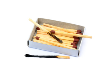 Laid used matchsticks isolated on white background
