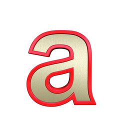 One lower case letter from brushed gold with red frame alphabet set, isolated on white. 3D illustration.