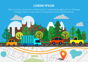Colorful background with landscape, road and city map. Top view 