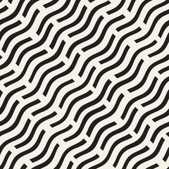 Hand Drawn Scattered Wavy Lines Monochrome Texture. Vector Seamless Black and White Pattern