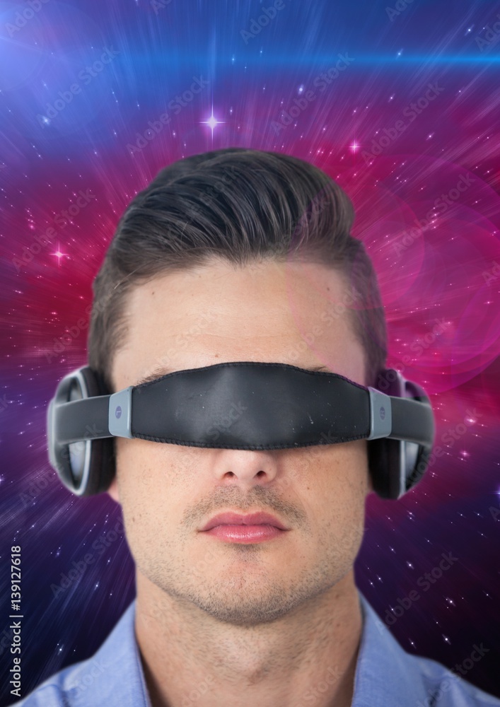 Aufkleber man using virtual reality glasses against space background