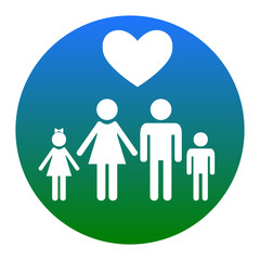 Family symbol with heart. Husband and wife are kept children's hands. Love. Vector. White icon in bluish circle on white background. Isolated.