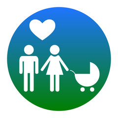 Family symbol with pram and heart. Husband and wife are kept each other`s hands. Love. Vector. White icon in bluish circle on white background. Isolated.