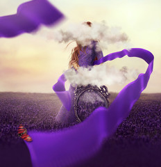 Colorful creative photo manipulation with a woman through a cloud, antique mirror and flying curved...