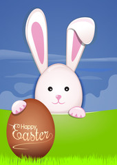 Cute Easter bunny with Easter eggs. Easter background with spring landscape. Easter greeting card. Vector illustration