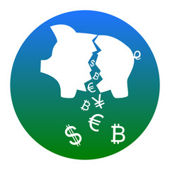 Pig money bank sign. Vector. White icon in bluish circle on white background. Isolated.