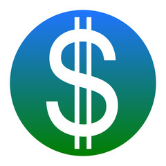 United states Dollar sign. Vector. White icon in bluish circle on white background. Isolated.