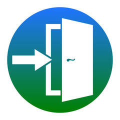 Door Exit sign. Vector. White icon in bluish circle on white background. Isolated.