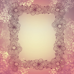 Floral illustration in pastel colors. Beautiful romantic frame. Blossom branch background. Leaves and buds. Cute composition for wedding, greeting, valentines day, woman day card.