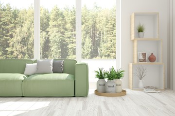 White room with sofa and green landscape in window. Scandinavian interior design. 3D illustration