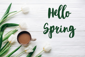 hello spring text sign on tulips and coffee on white wooden rustic background. stylish flat lay with flowers and drink with space for text. greeting card. happy day concept © sonyachny