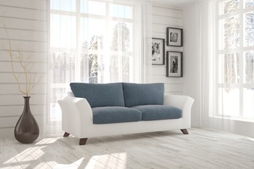 White room with sofa and winter landscape in window. Scandinavian interior design. 3D illustration