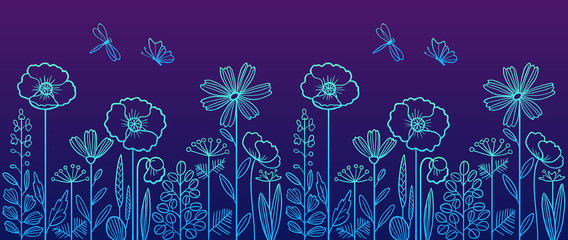 Linear pattern made of decorative flowers and plants with dragonfly and butterfly, nature of wild field and meadow. Vector sketch illustration in violet-blue colors. Can be used as border.