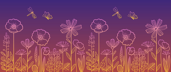 Linear pattern made of decorative flowers and plants with dragonfly and butterfly, nature of wild field and meadow. Vector illustration in violet, pink and orange colors. Can be used as border.