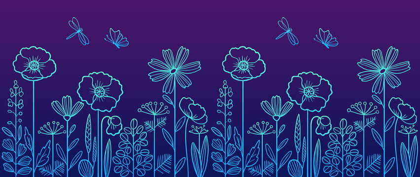 Linear Pattern Made Of Decorative Flowers And Plants With Dragonfly And Butterfly, Nature Of Wild Field And Meadow. Vector Sketch Illustration In Violet-blue Colors. Can Be Used As Border.