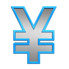Obraz premium Yen sign from brushed silver with blue frame alphabet set, isolated on white. 3D illustration.