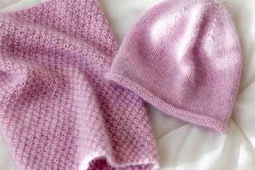 Scarf and hat pink related handmade from fluffy wool