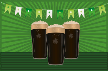 Garland of flags with clover. A glass of dark beer. Invitation to the St. Patrick's Day. Greeting card. Free space for your ad or text. Vector illustration on white  background.