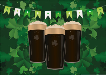 Garland of flags with clover. A glass of dark beer. Invitation to the St. Patrick's Day. Greeting card. Free space for your ad or text. Vector illustration on white  background.