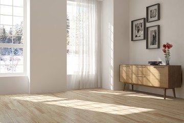White empty room with shelf and winter landscape in window. Scandinavian interior design. 3D illustration