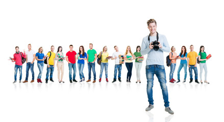 Obraz premium Large group of teenage students isolated on white background. Many different people standing together. School, education, college, university concept.